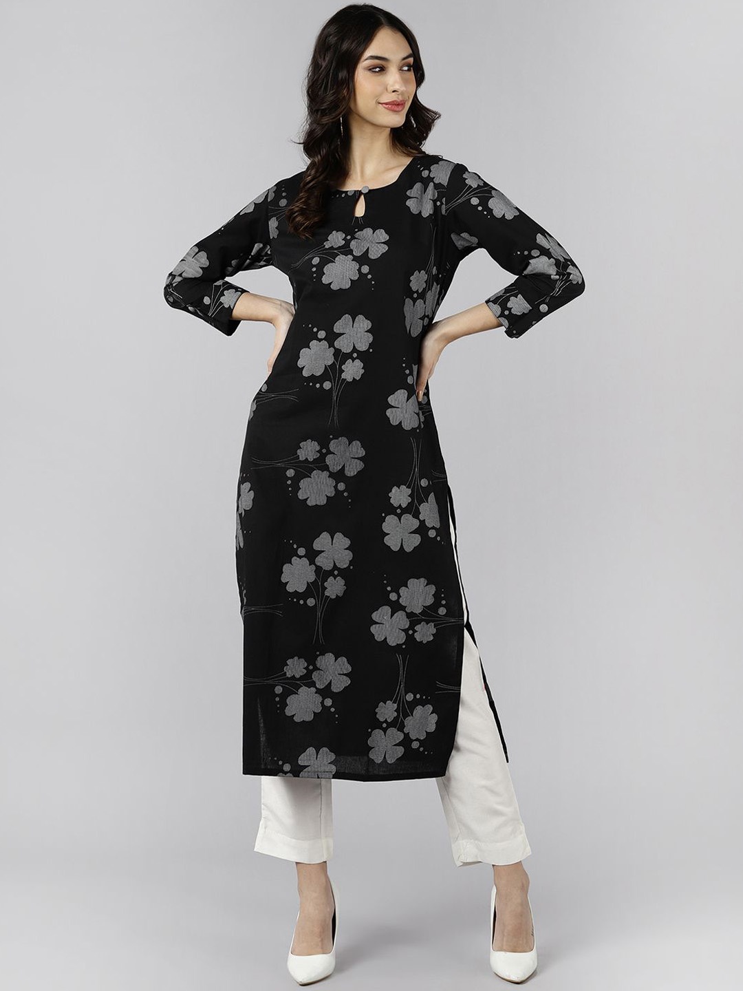 

KALINI Floral Printed Keyhole Neck Cotton Straight Kurta, Black