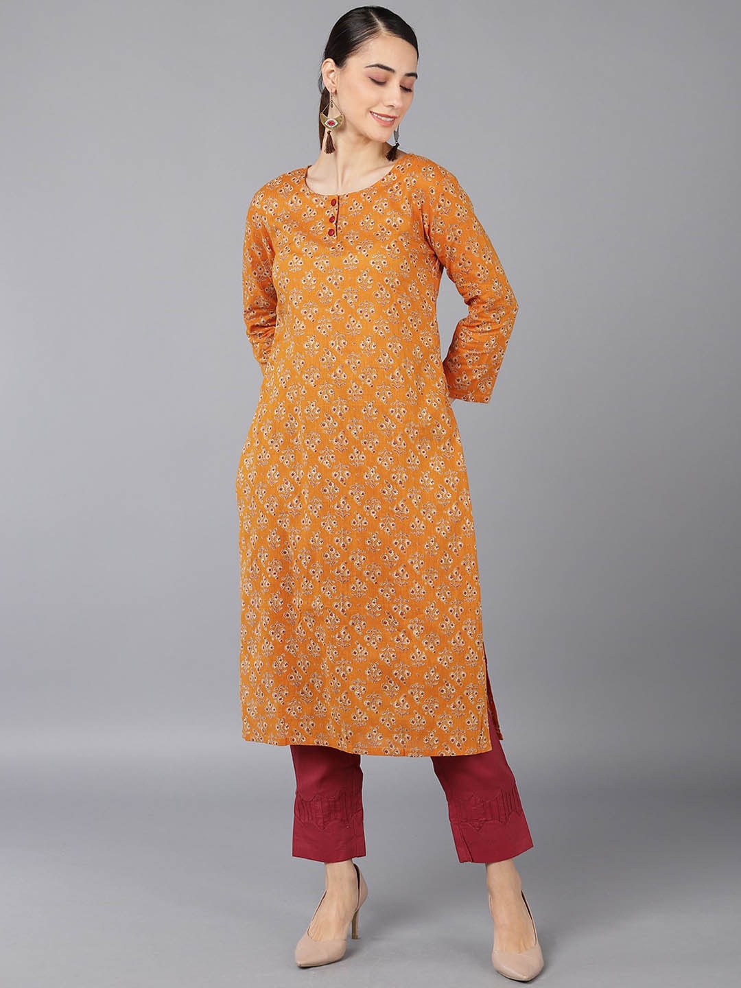 

KALINI Ethnic Motifs Printed Cotton Straight Kurta, Orange