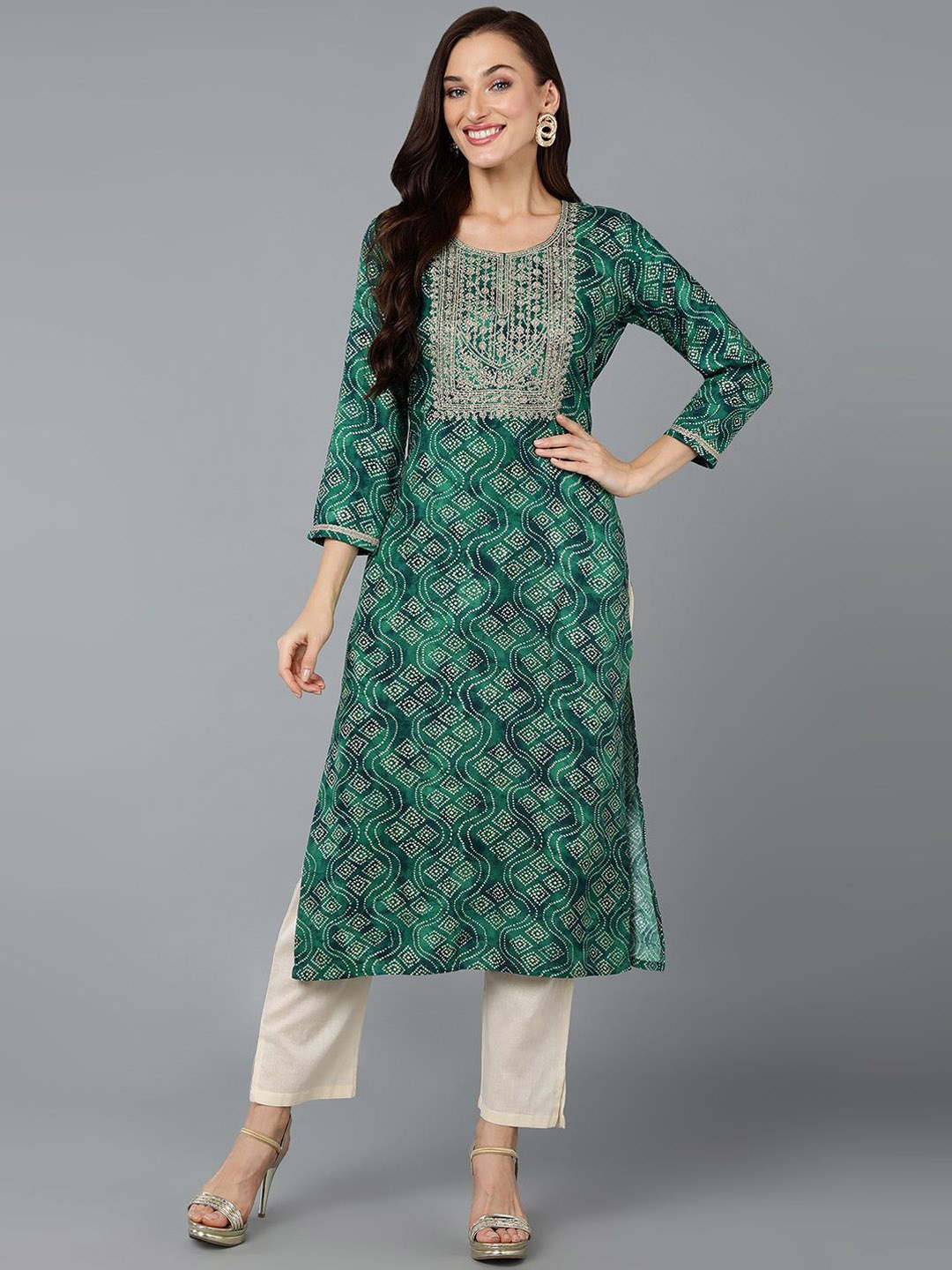 

KALINI Bandhani Printed Thread Work Straight Kurta, Green