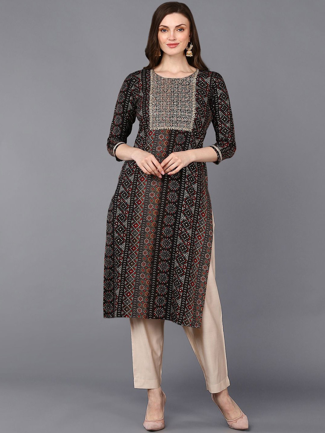 

KALINI Bandhani Printed Sequinned Straight Kurta, Black