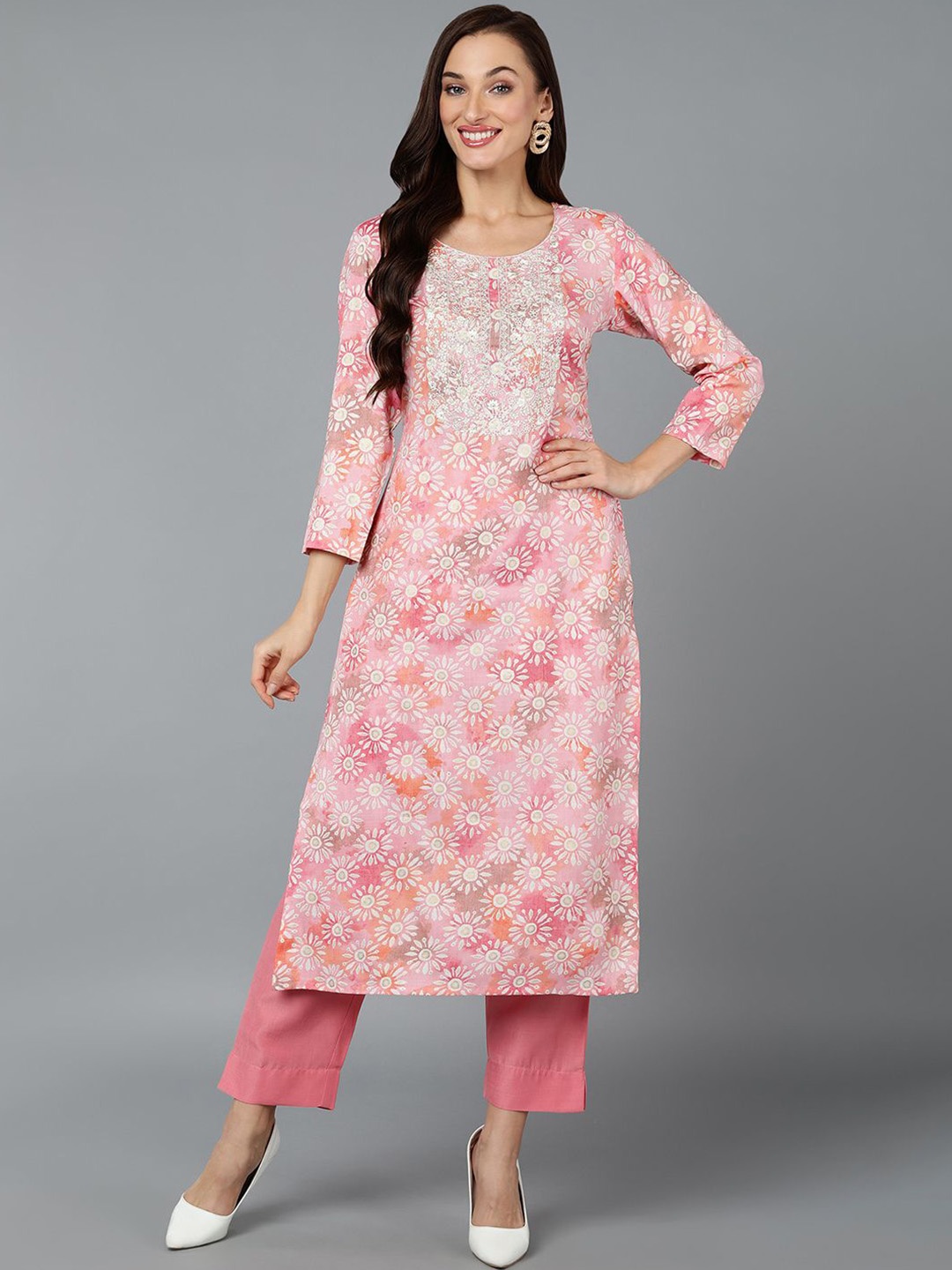 

KALINI Floral Printed Embroidered Round Neck Straight Kurta, Pink