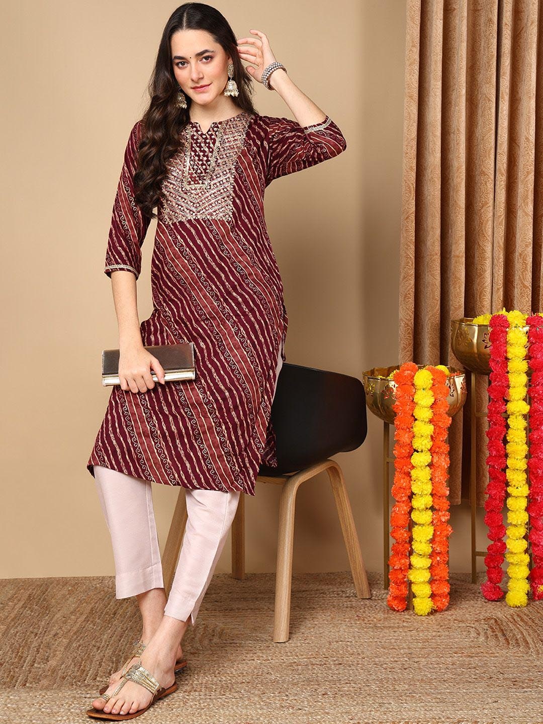 

KALINI Notch Neck Yoke Design regular Sleeves Straight Kurta, Burgundy