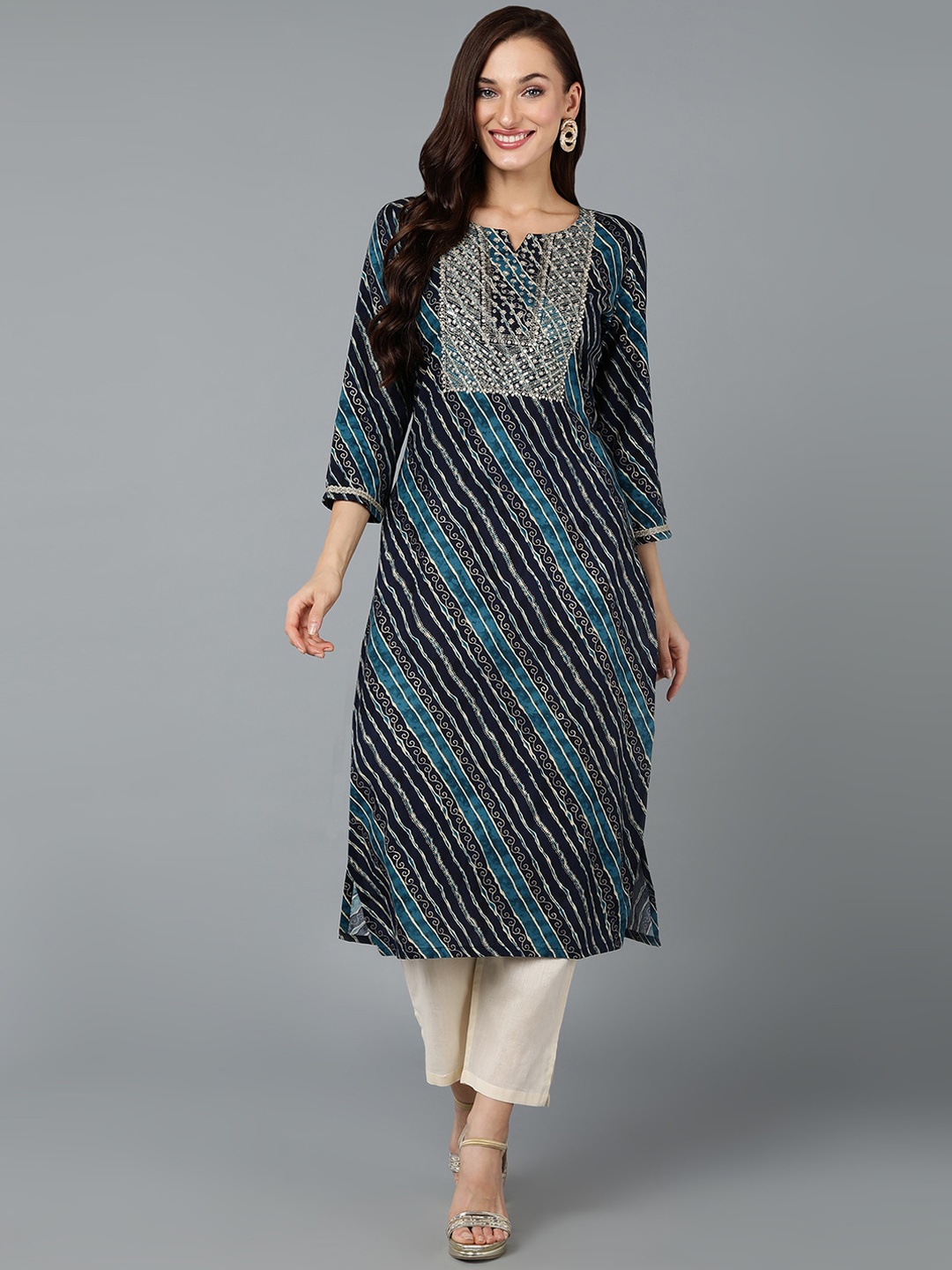 

KALINI Leheriya Printed Embroidered Yoke Design Cotton Straight Kurta, Navy blue