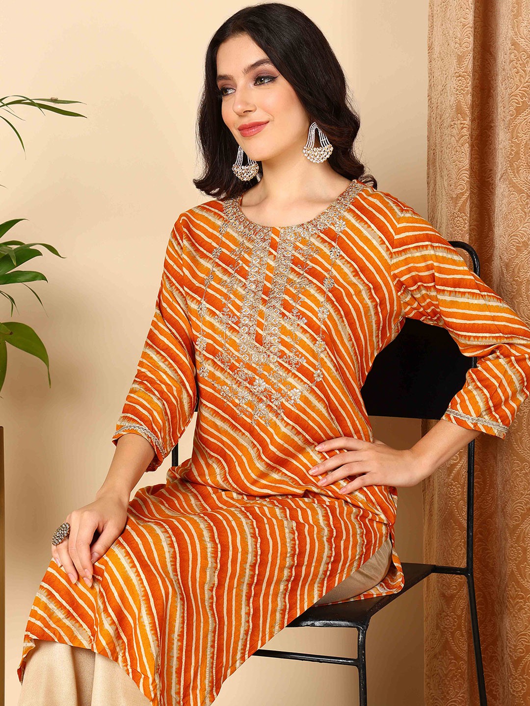 

KALINI Striped Leheriya Embroidered Straight Kurta, Orange