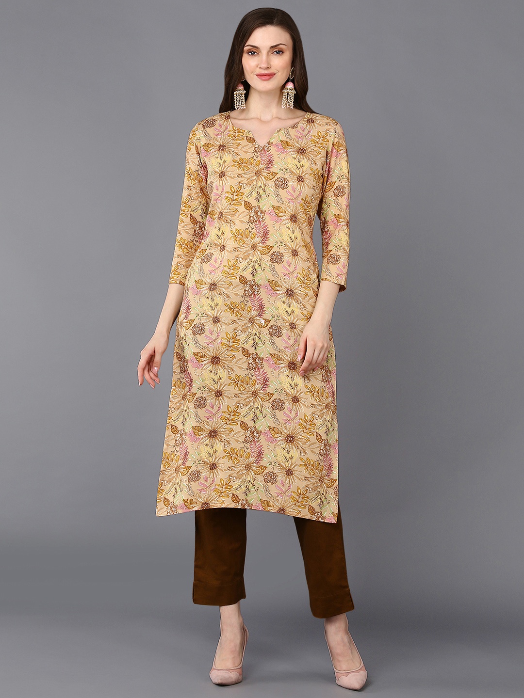 

KALINI Floral Printed Straight Kurta, Beige