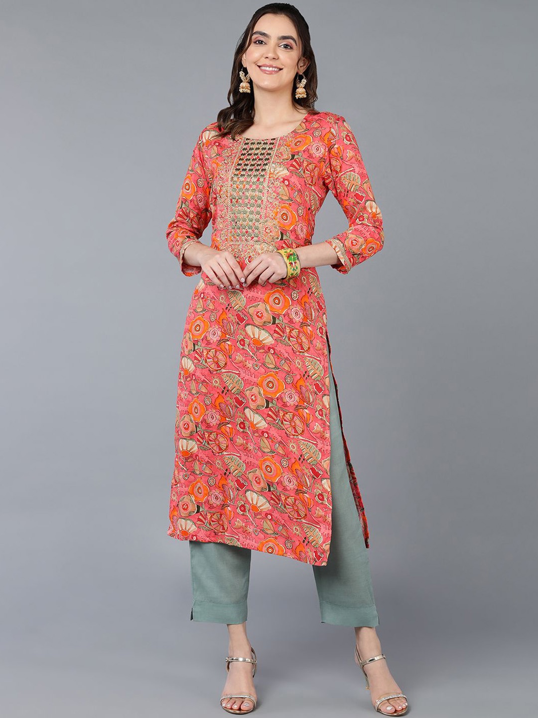 

KALINI Floral Printed Round Neck Sequinned Straight Kurta, Peach