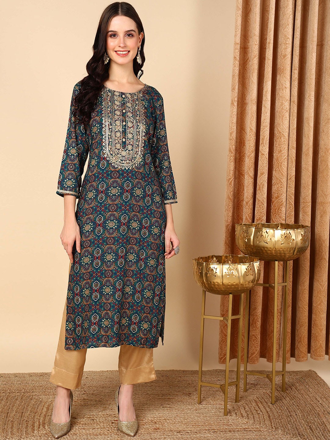 

KALINI Ethnic Motifs Printed Straight Kurta, Blue