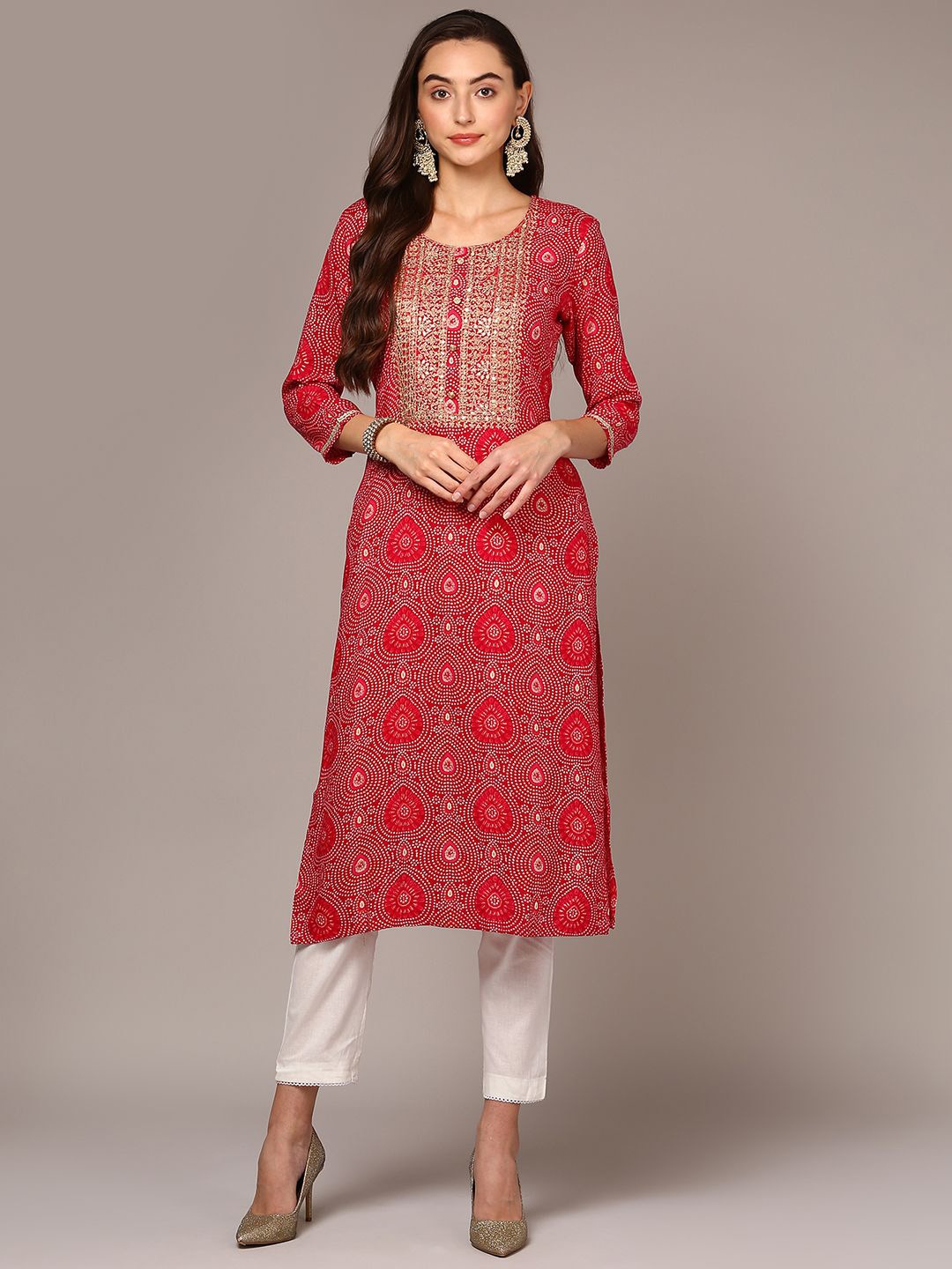 

KALINI Bandhani Printed Sequinned Straight Kurta, Pink