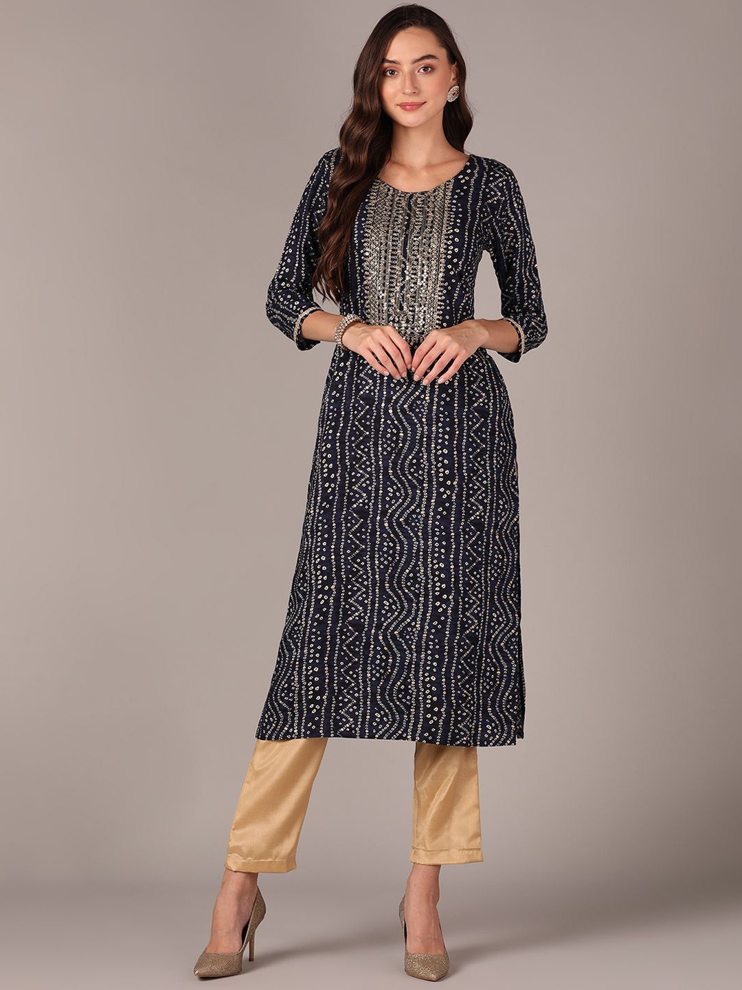 

KALINI Bandhani Printed Sequinned Straight Kurta, Navy blue