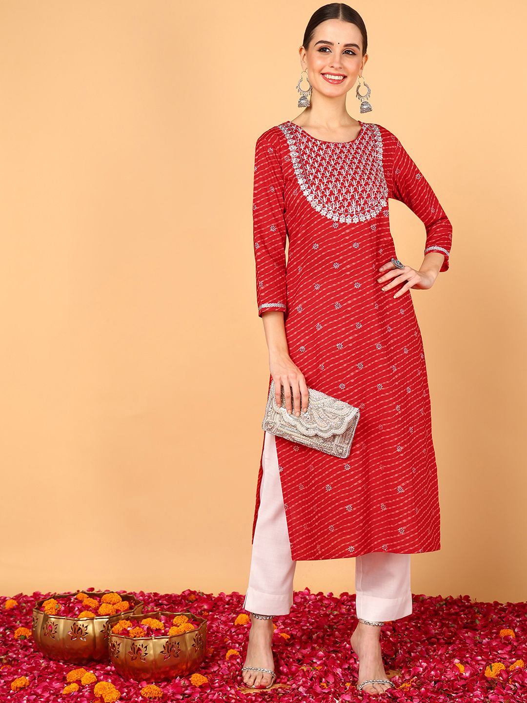 

KALINI Round Neck Geometric Embroidered Cotton Straight Kurta, Red