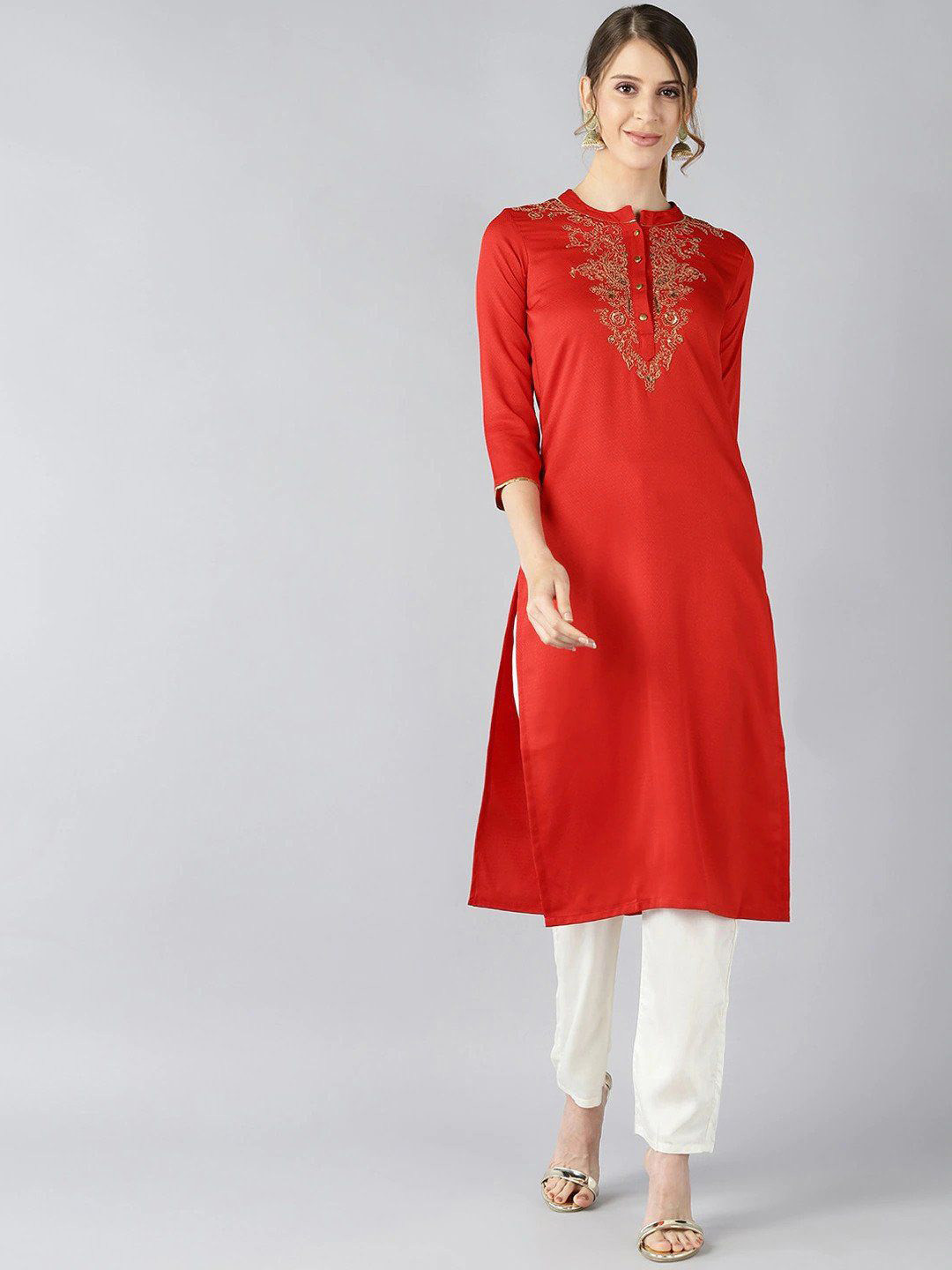 

KALINI Floral Yoke Design Mandarin Collar Zari Straight Kurta, Red