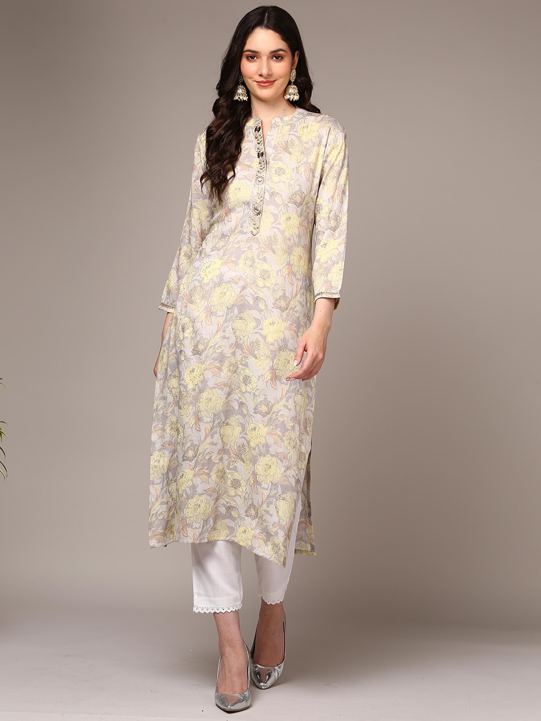 

KALINI Floral Printed Mandarin Collar Sequinned Straight Kurta, Grey