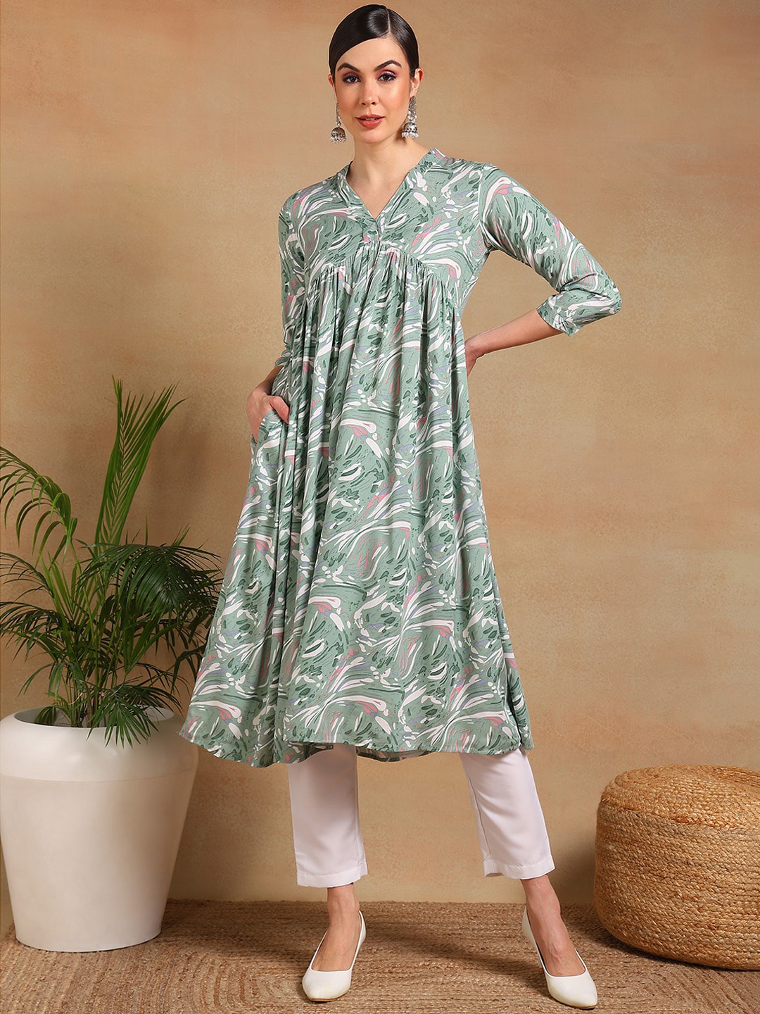 

KALINI V Neck Ethnic Motifs Printed A-Line Kurta, Green