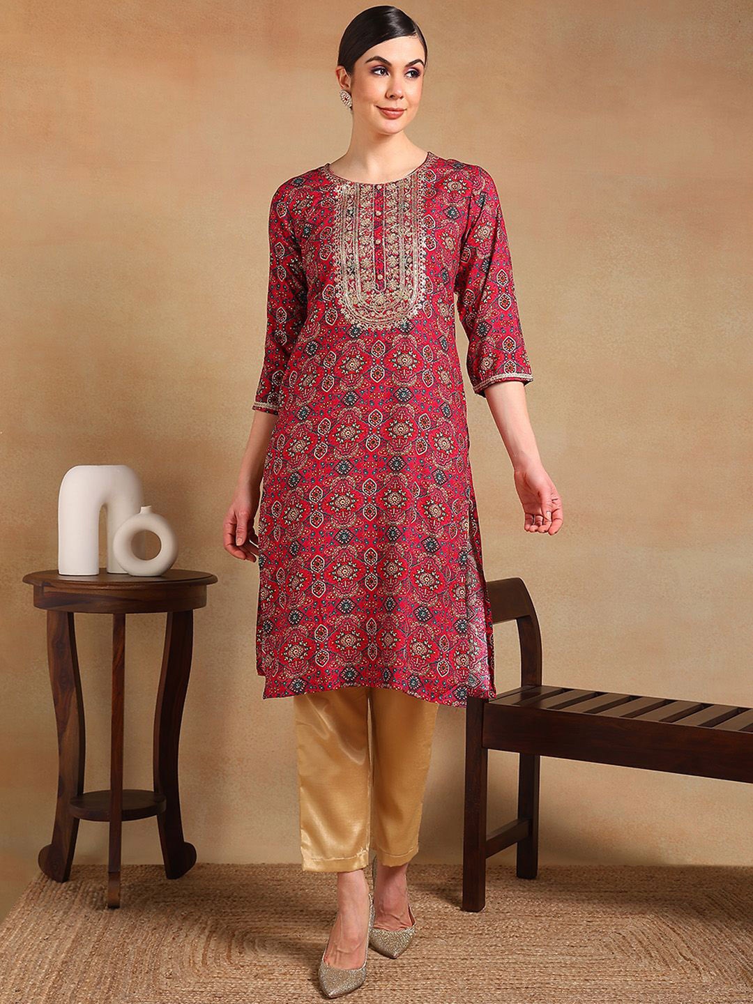 

KALINI Ethnic Motifs Printed Thread Work Straight Kurta, Pink