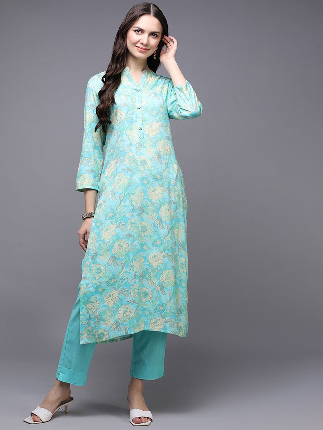 

KALINI Floral Printed A-Line Kurta, Turquoise blue