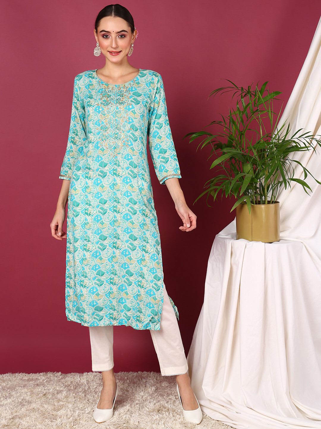 

KALINI Ethnic Motifs Printed Thread Work Straight Kurta, Turquoise blue