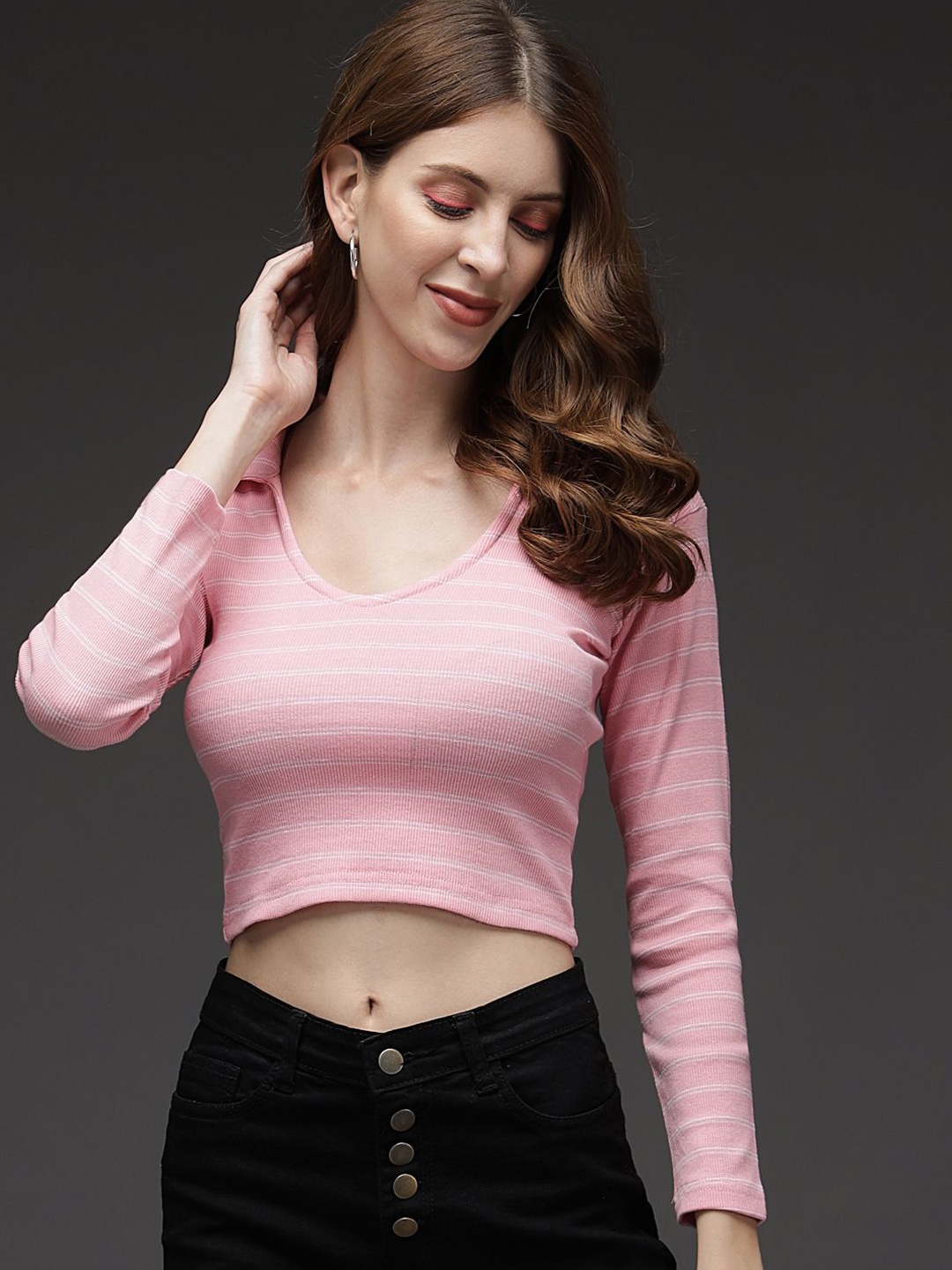 

TANDUL Horizontal Stripes Shirt Collar Crop Top, Pink