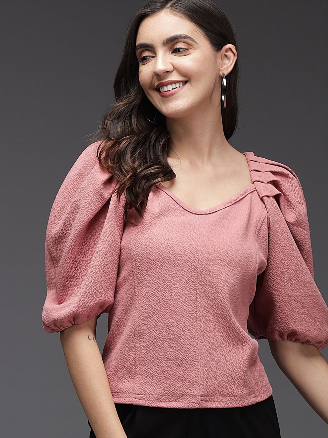 

TANDUL Solid Scoop Neck Knits Top, Pink