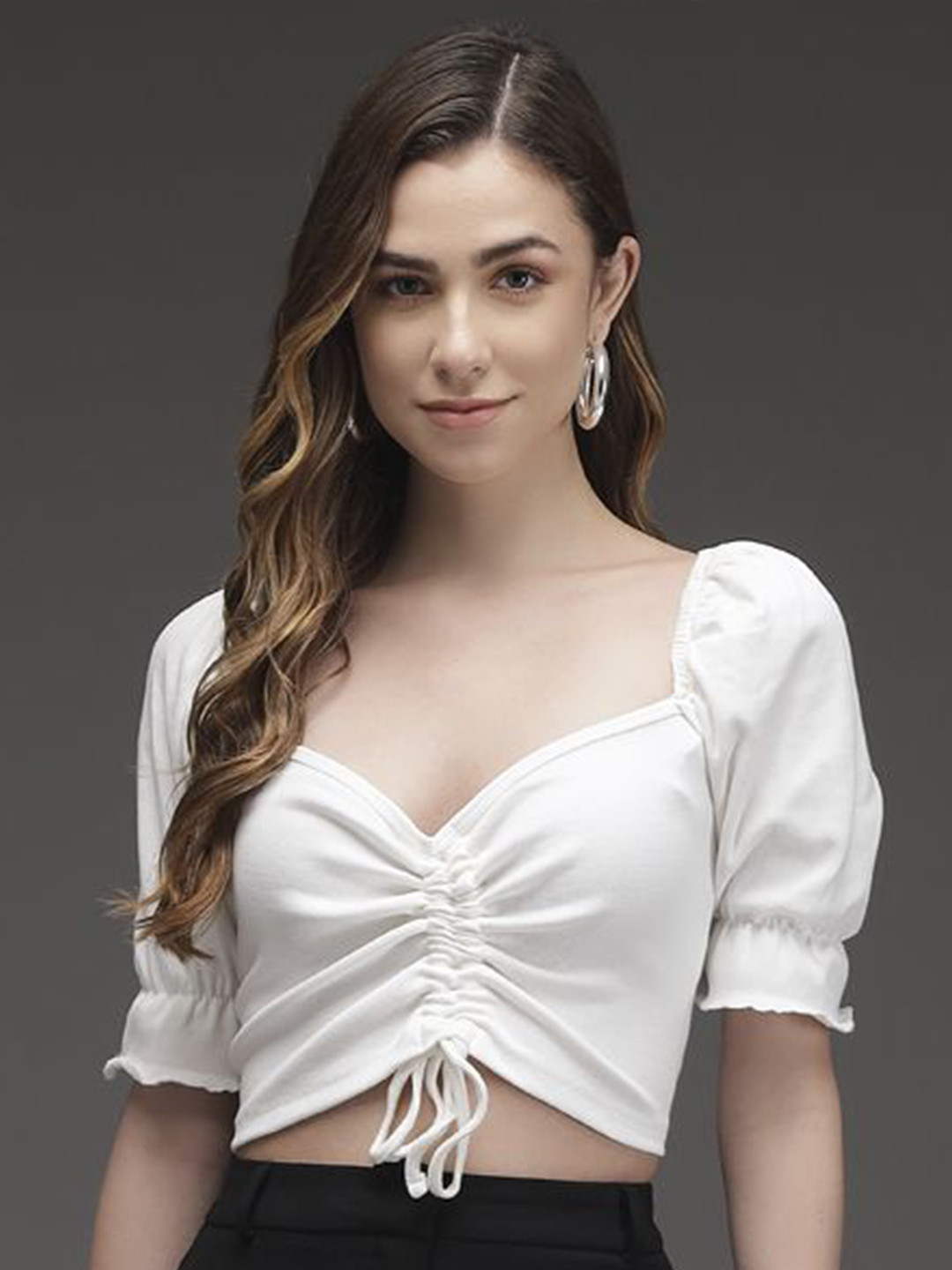 

TANDUL Self Design Solid Sweetheart Neck Crop Top, White