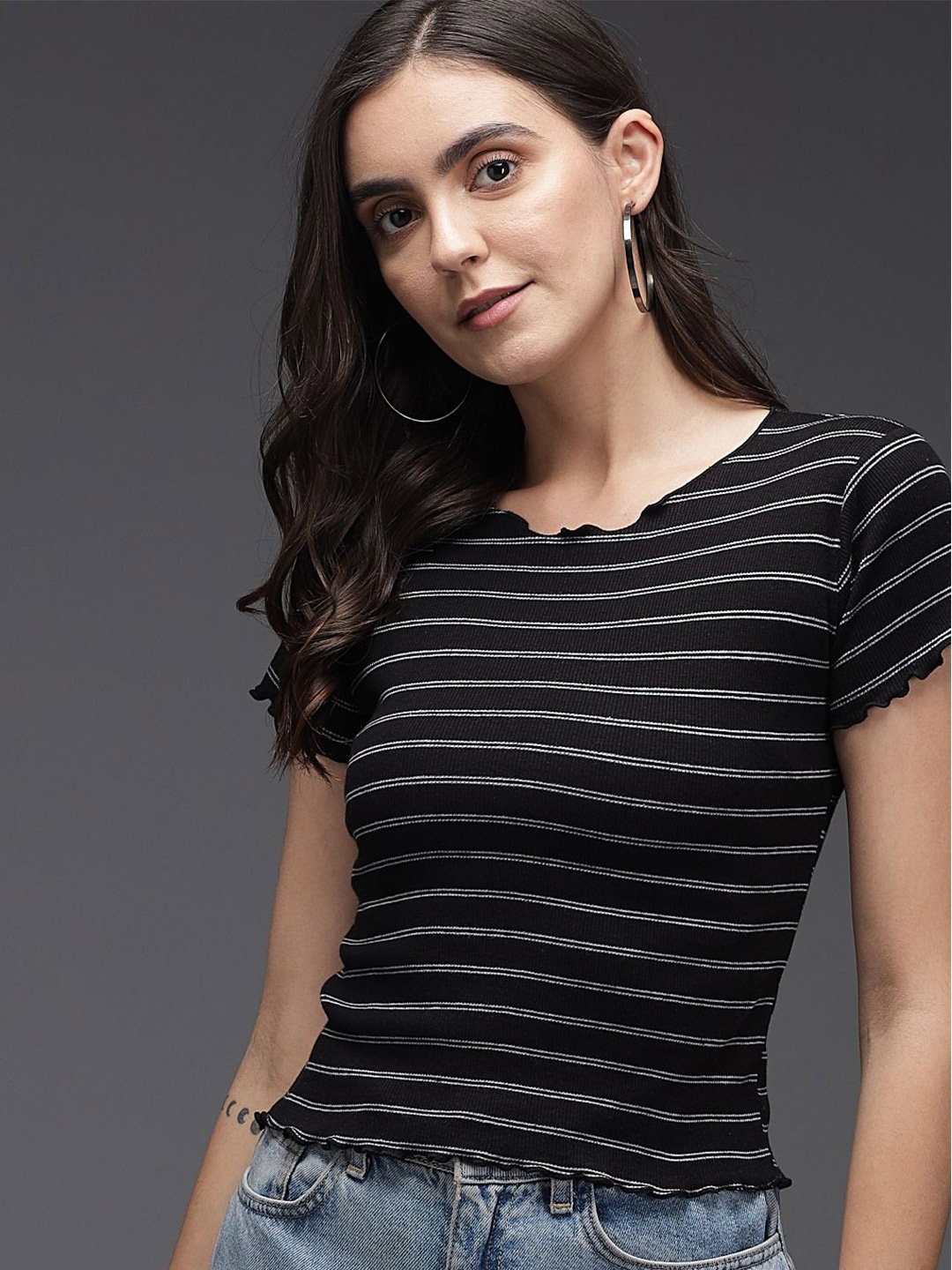 

TANDUL Horizontal Stripes Round Neck Top, Multi