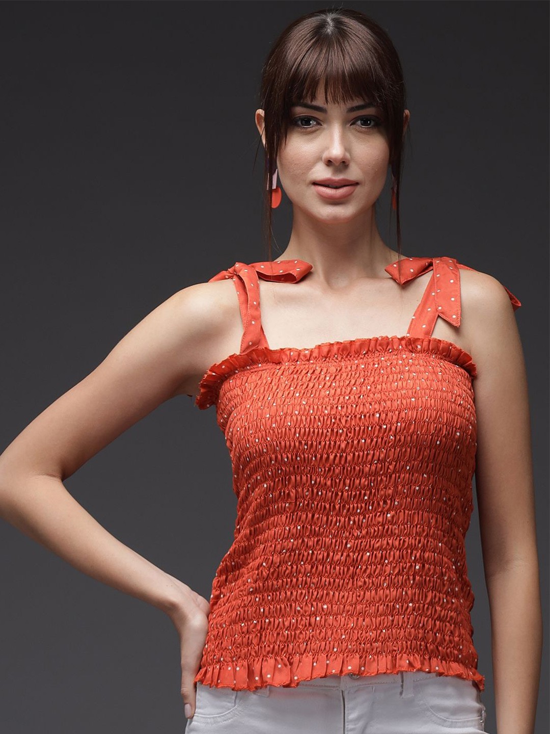 

TANDUL Smocked Shoulder Straps Self Design Top, Multi