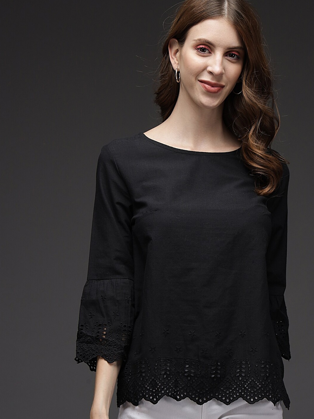 

TANDUL Solid Round Neck Schiffli Top, Black