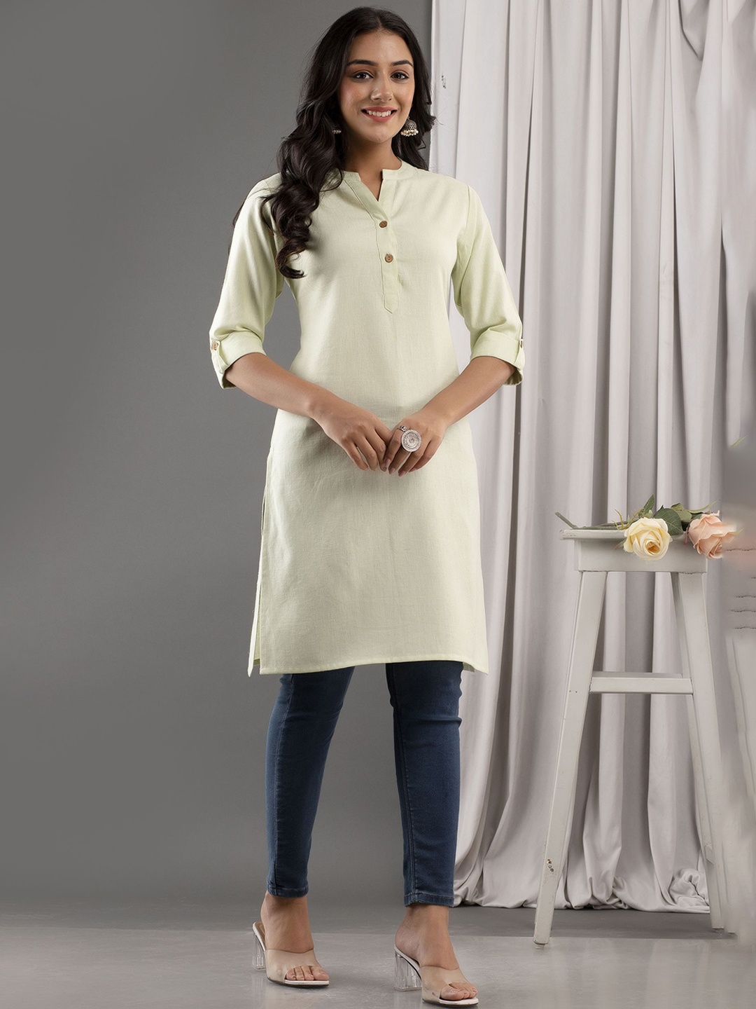 

Kohsh Mandarin Collar Roll-Up Sleeves Pure Cotton Straight Kurta, Sea green