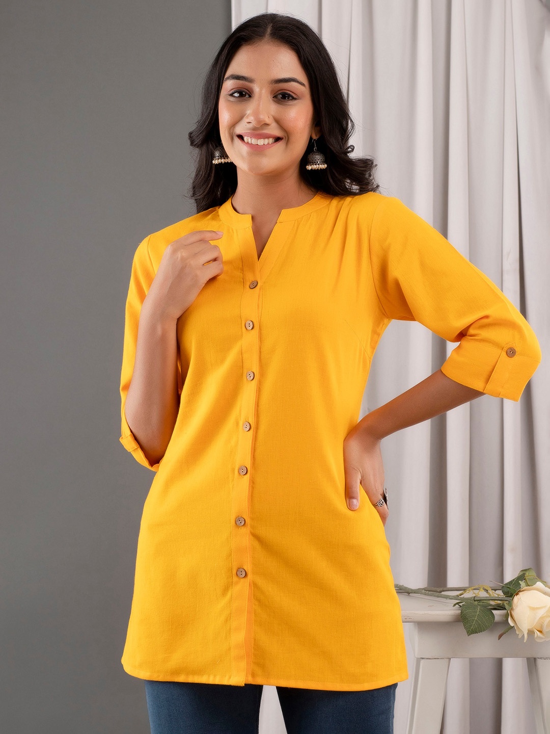 

Kohsh Mandarin Collar Rooll-Up Sleeves Pure Cotton Top, Yellow