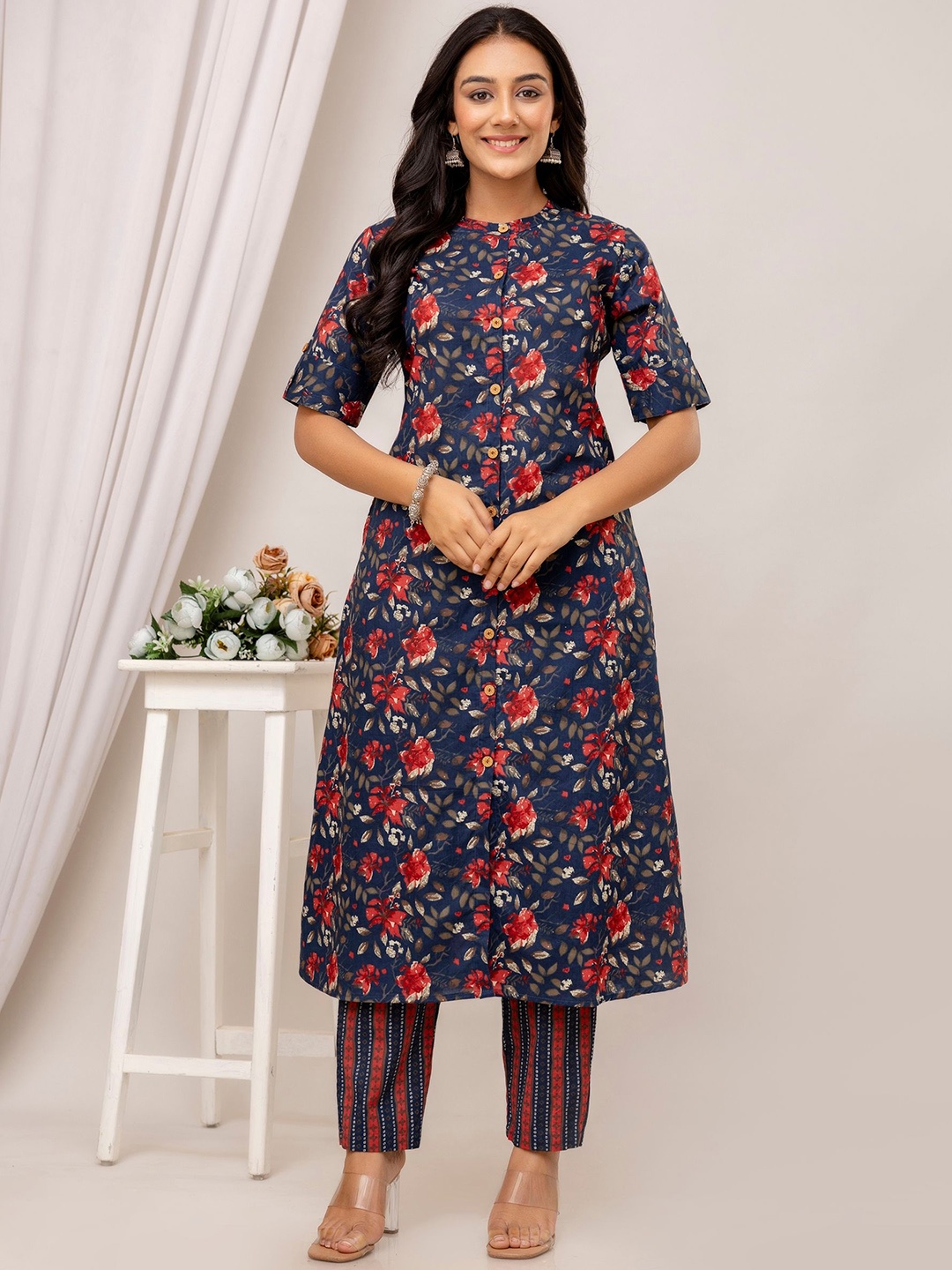 

Kohsh Floral Printed Pure Cotton A-Line Kurta with Trousers, Blue