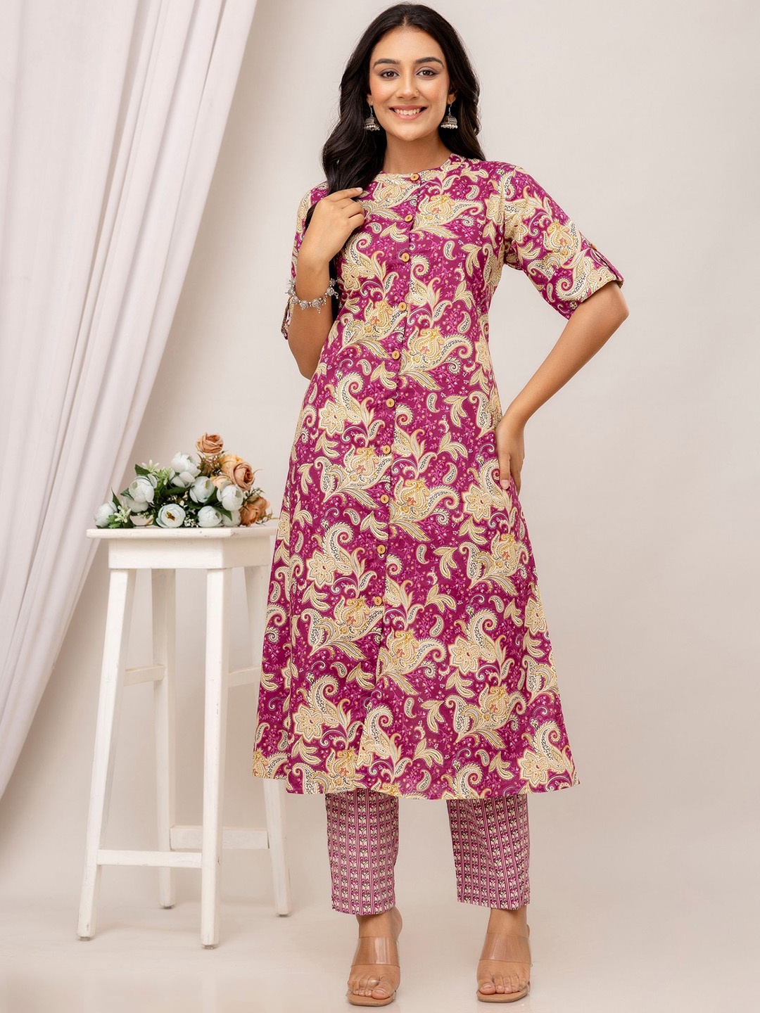 

Kohsh Ethnic Motifs Printed Pure Cotton A-Line Kurta With Trousers, Purple