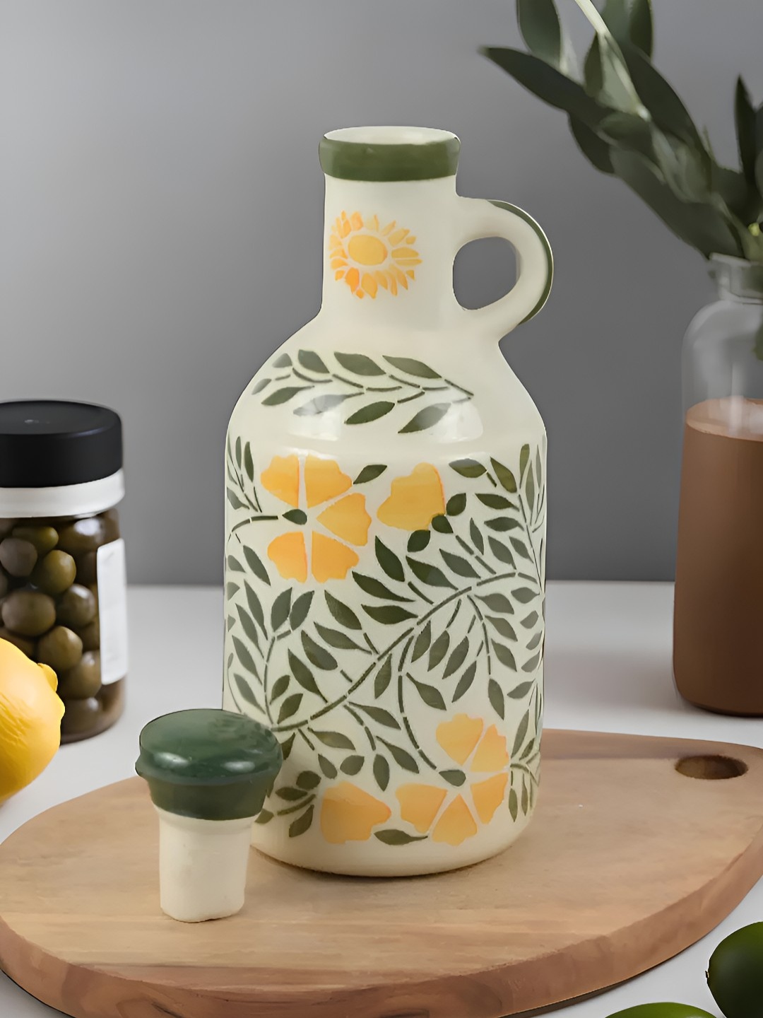 

Kaolinite Olive Green & Yellow Floral Printed Handmade Ceramic Oil Dispenser 1 L