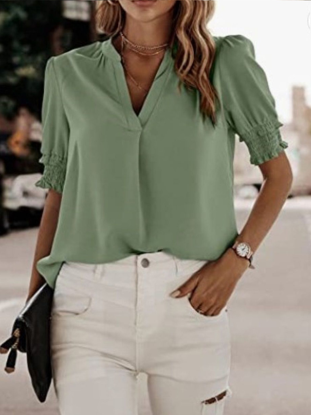 

StyleCast Mandarin Collar Puff Sleeve Top, Green