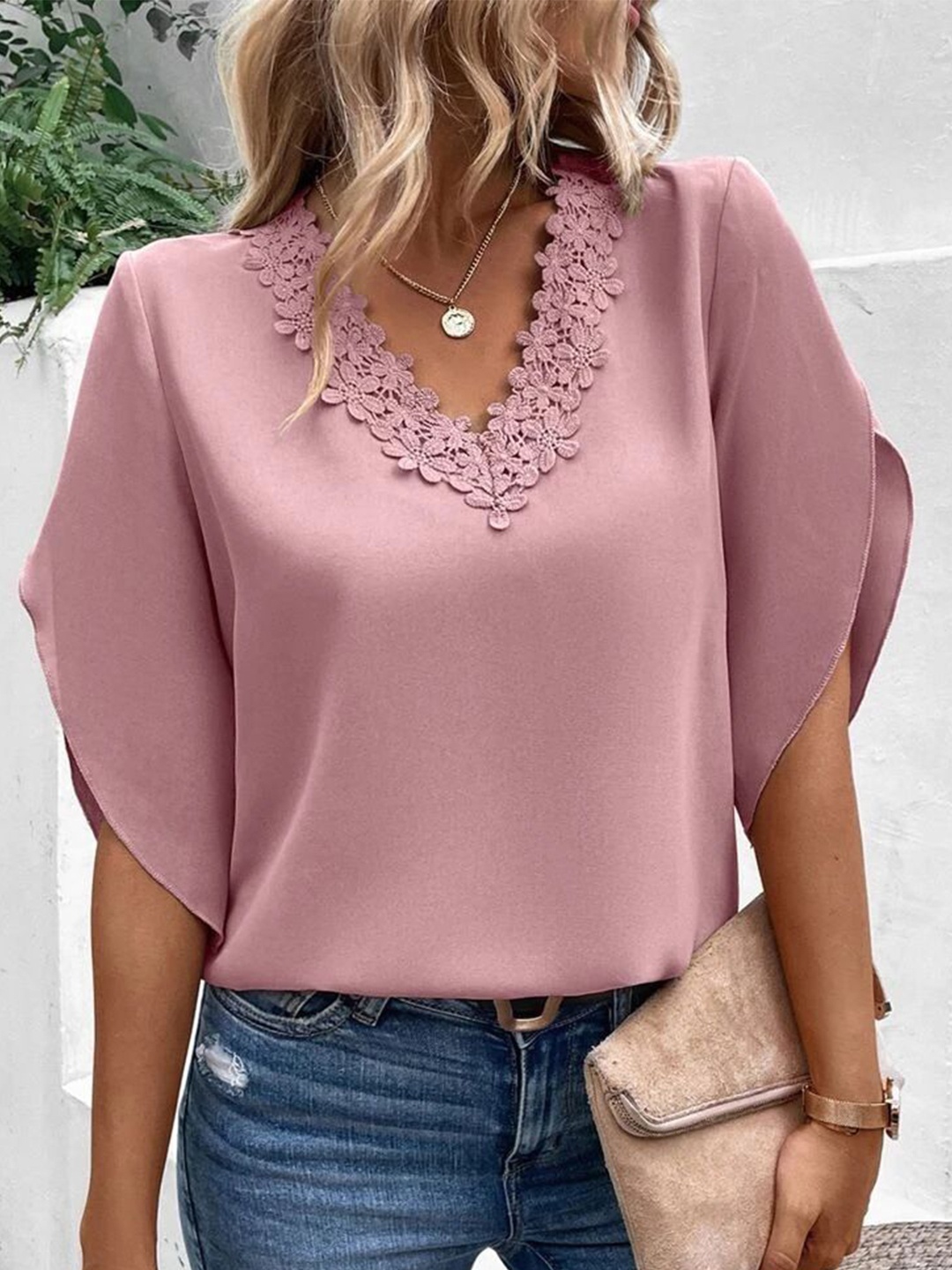 

StyleCast Solid V-Neck Lace Inserts Top, Pink