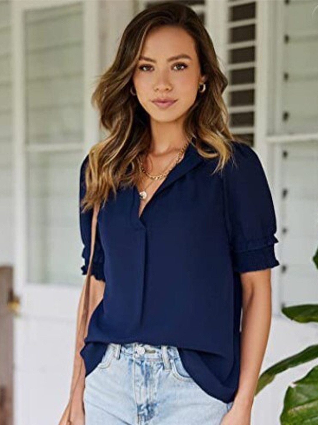 

StyleCast V Neck Puff Sleeves Shirt Style Top, Navy blue