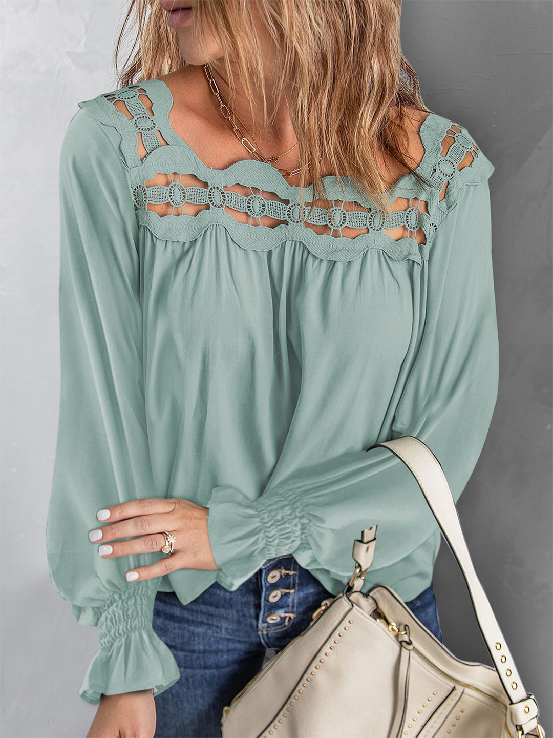 

StyleCast Square Neck Long Sleeves Lace Up Top, Green