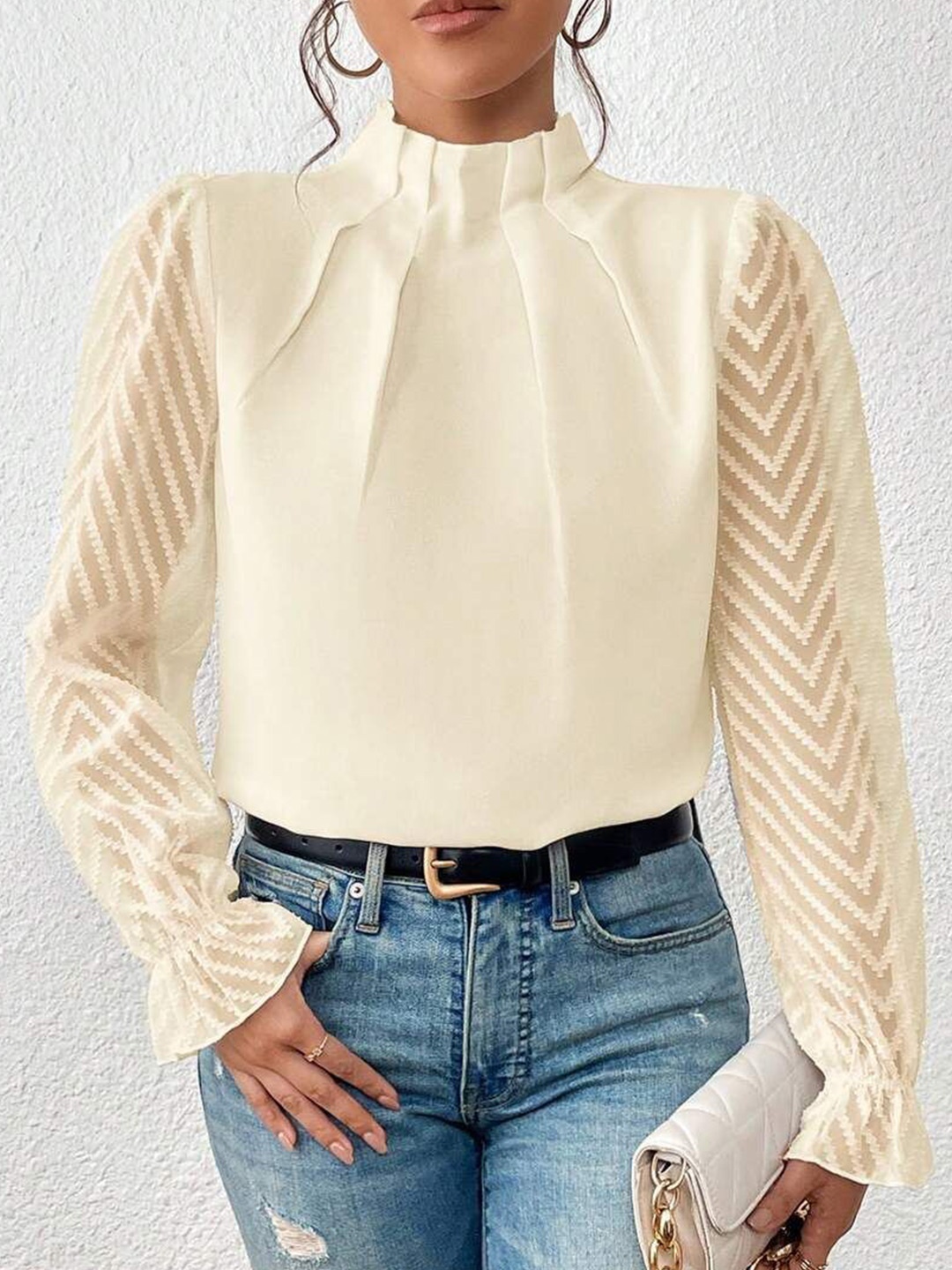 

StyleCast High Neck Self Design Top, Cream