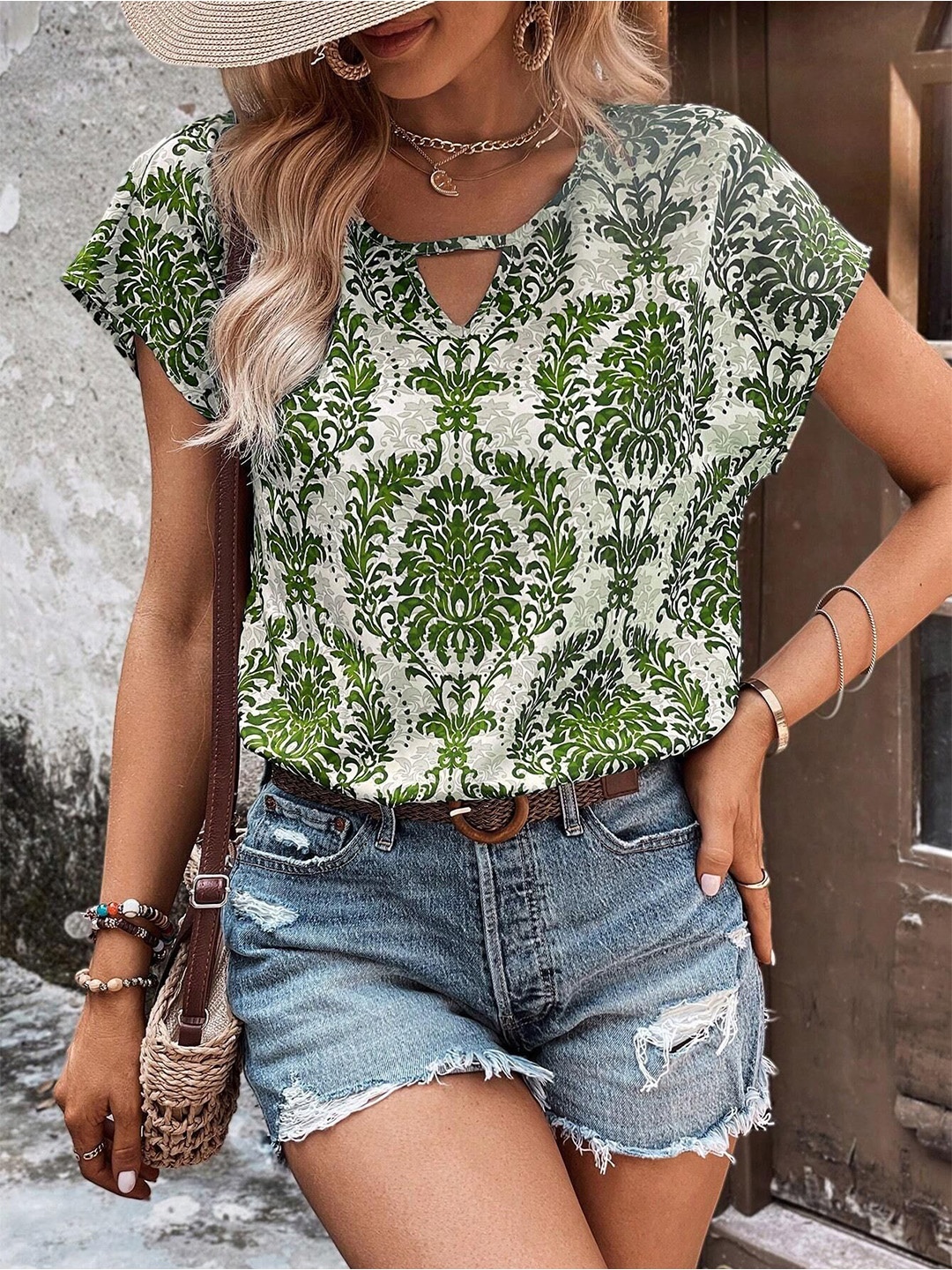 

StyleCast Ethnic Printed Keyhole Neck Top, Green