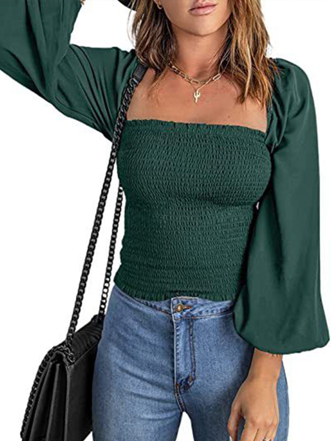 

StyleCast Solid Square Neck Smocked Top, Green