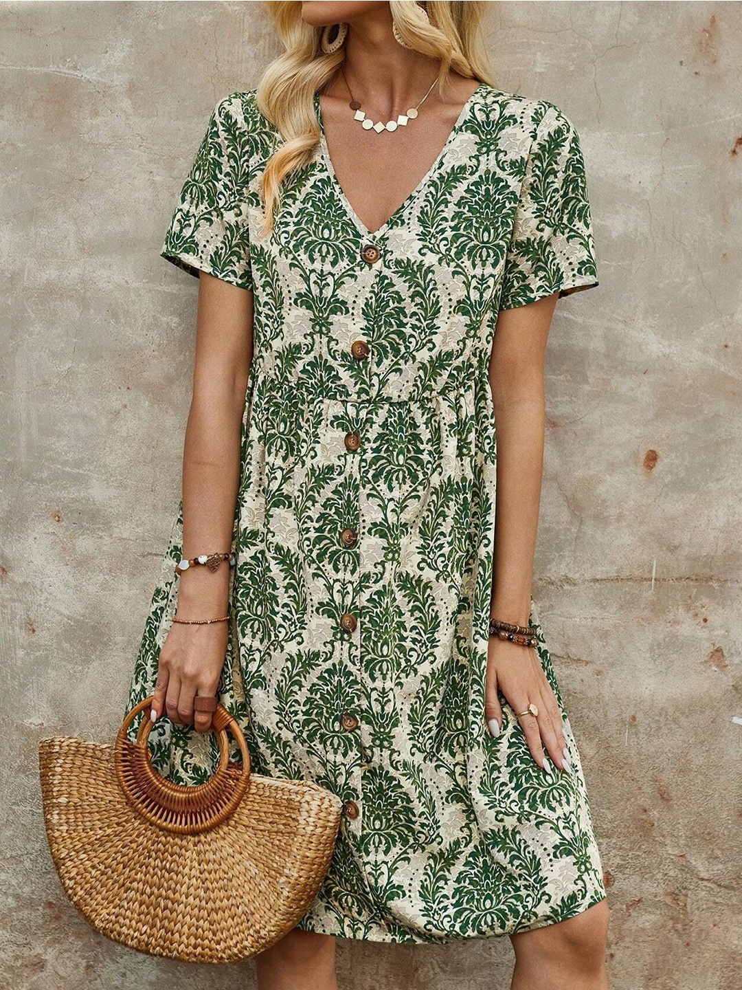 

StyleCast Floral Printed V Neck A-line Dress, Green
