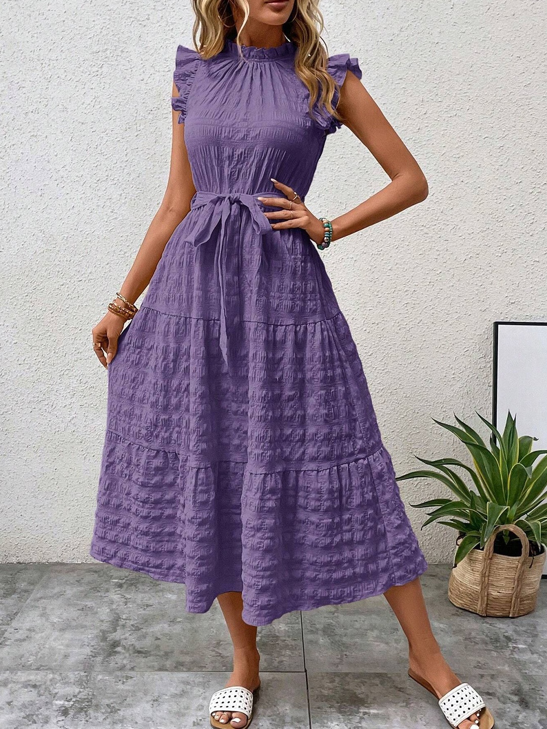 

StyleCast Purple Textured Self Design High Neck Tiered Fit & Flare Midi Dress