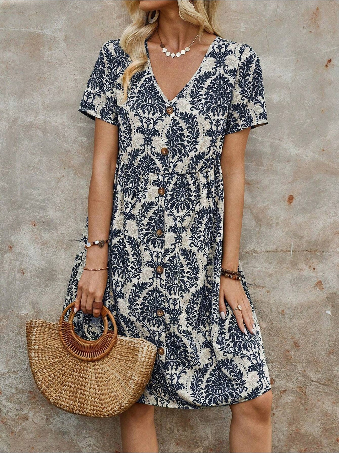 

StyleCast Women V Neck Printed A-Line Dress, Blue