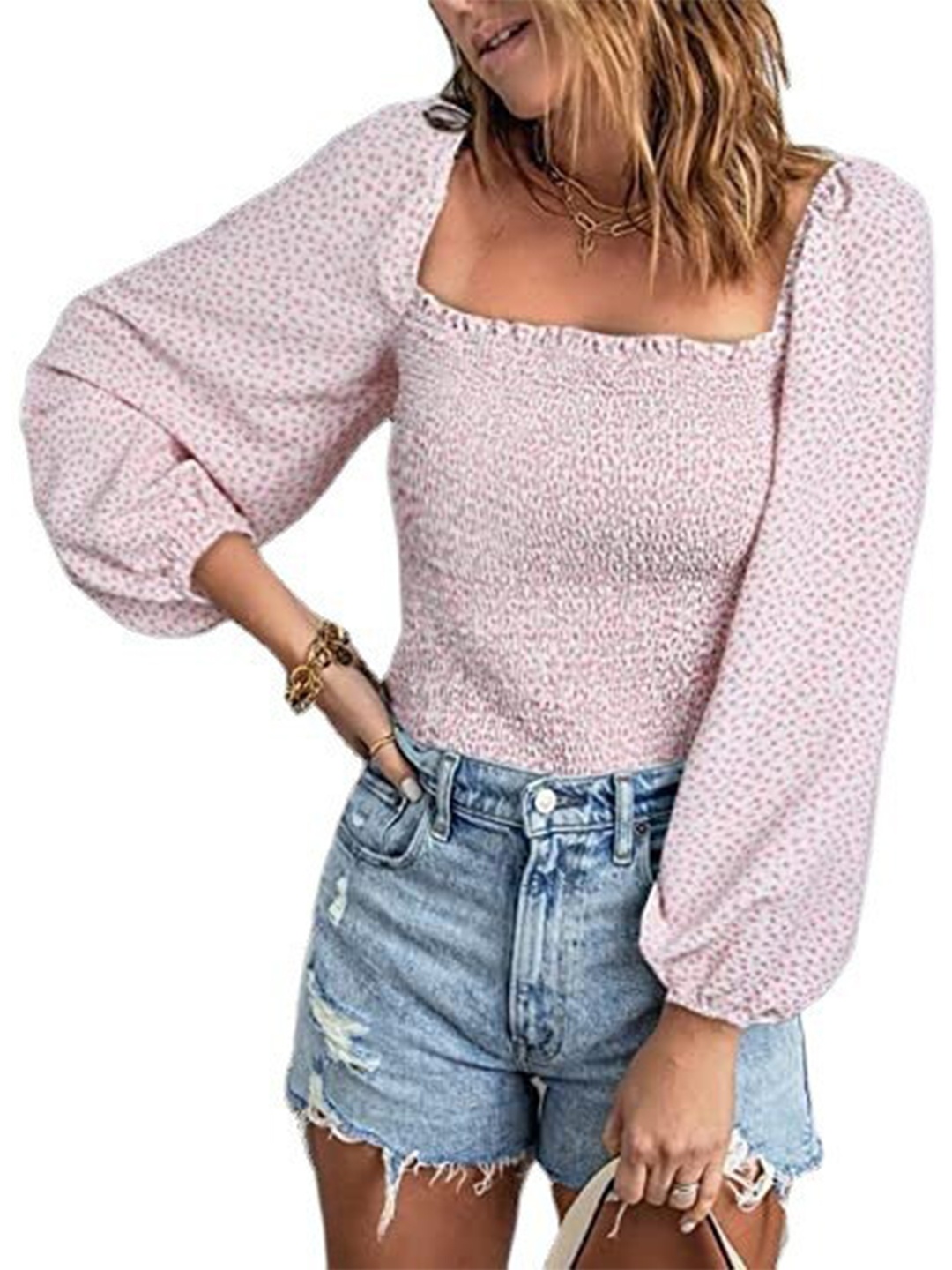 

StyleCast Conversational Printed Square Neck Smocked Top, Purple