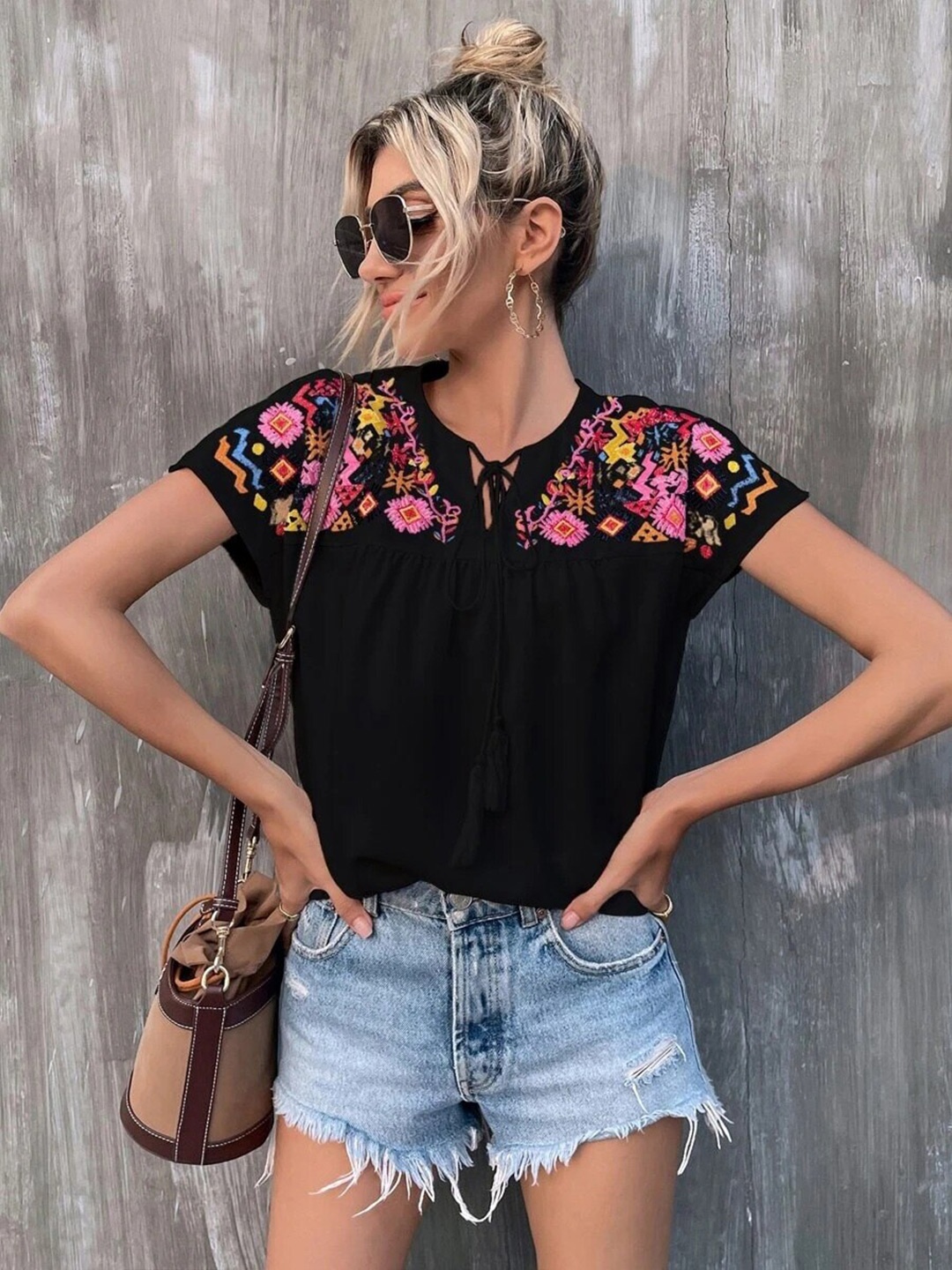 

StyleCast Floral Embroidered Tie-Up Neck Short Cap Sleeves Top, Black