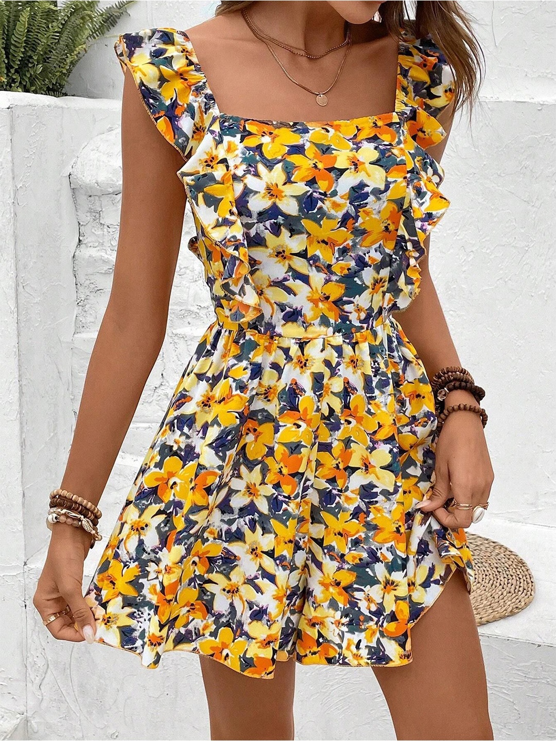 

StyleCast Yellow Floral Printed Flutter Sleeve Fit & Flare Mini Dress