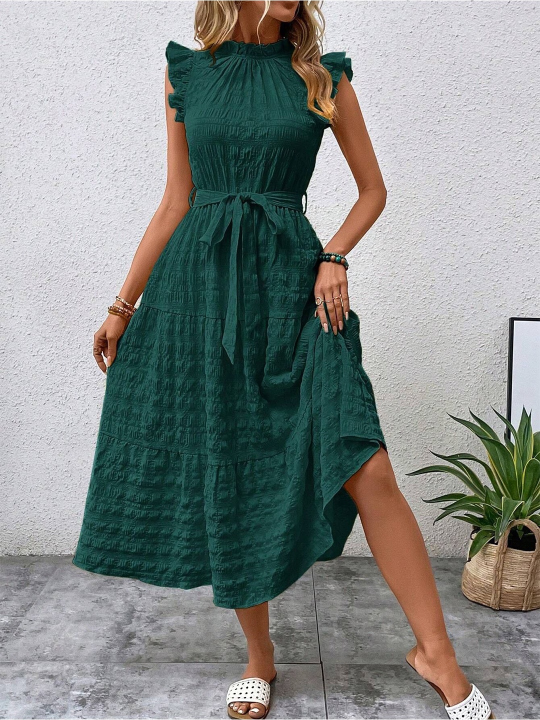 

StyleCast Women Self Design Flutter Sleeves Belted Fit & Flare Midi Dress, Green