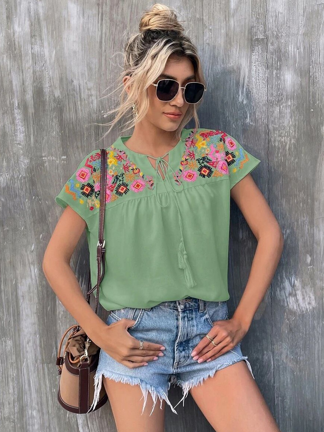 

StyleCast Floral Embroidered Round Neck Top, Green