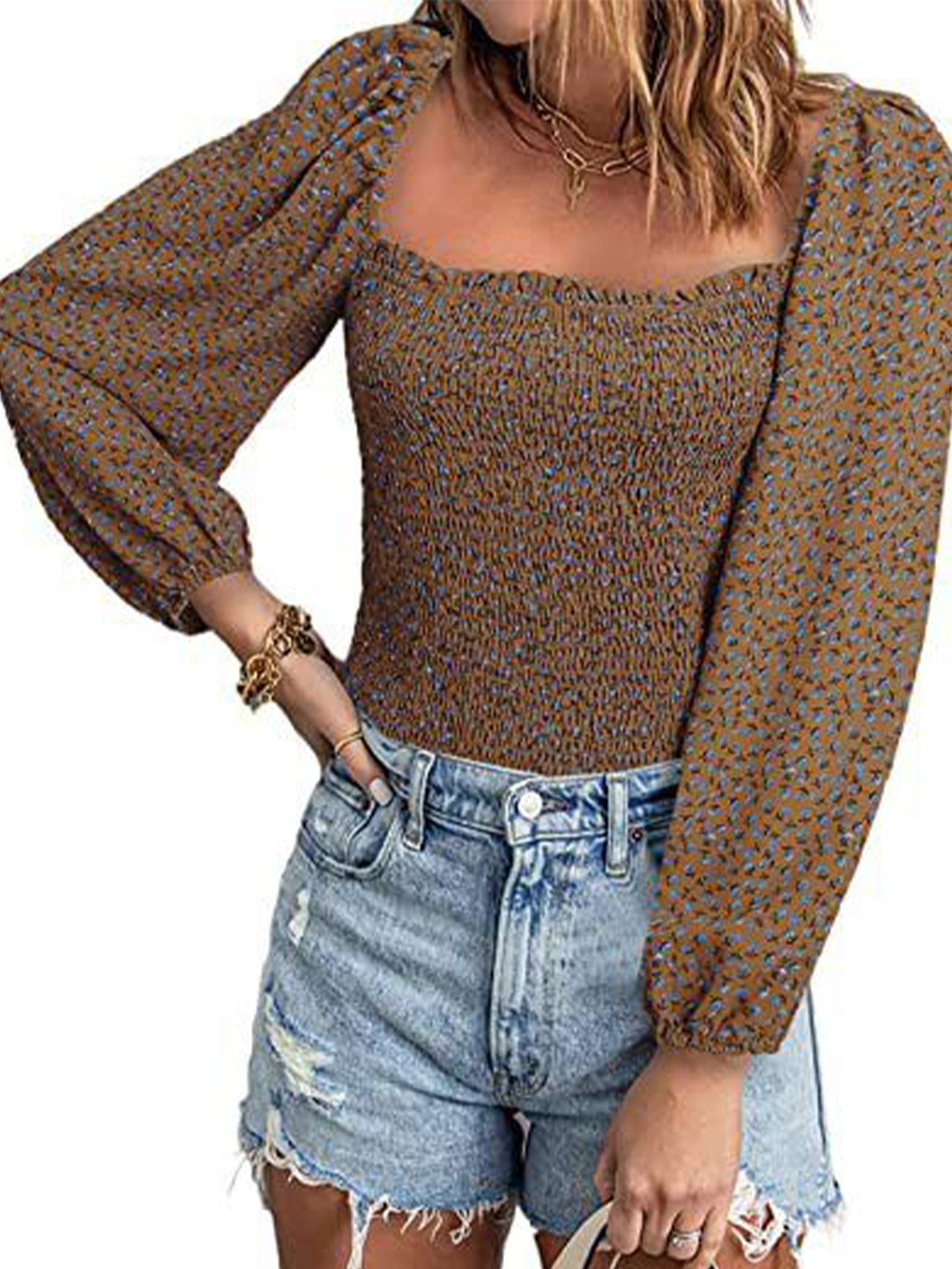 

StyleCast Animal Print Square Neck Puff Sleeve Smocked Top, Multi