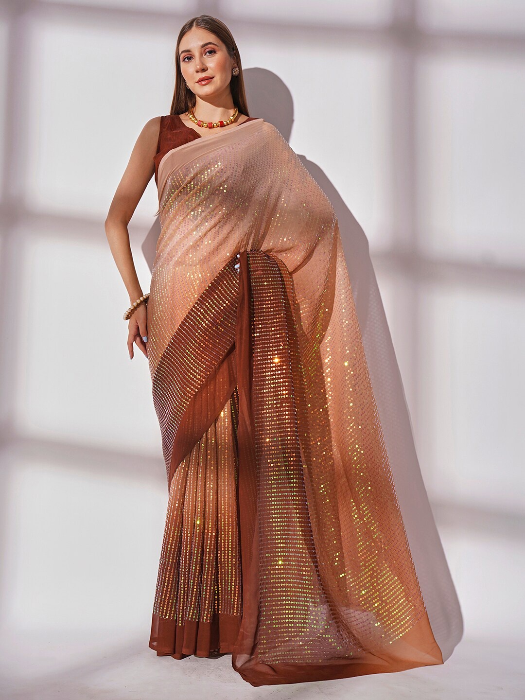 

Ishin Embellished Sequinned Poly Georgette Saree, Brown