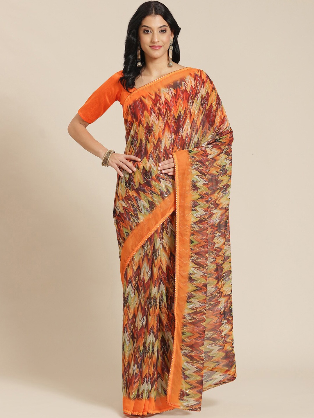 

Ishin Sequinned Saree With Blouse Piece, Orange
