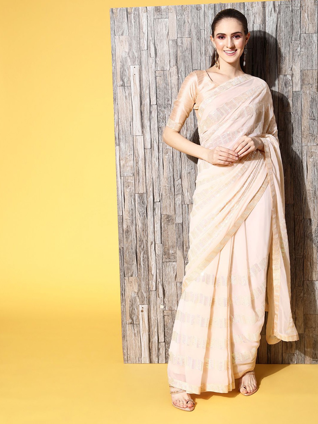 

Ishin Striped Sequinned Saree, Cream